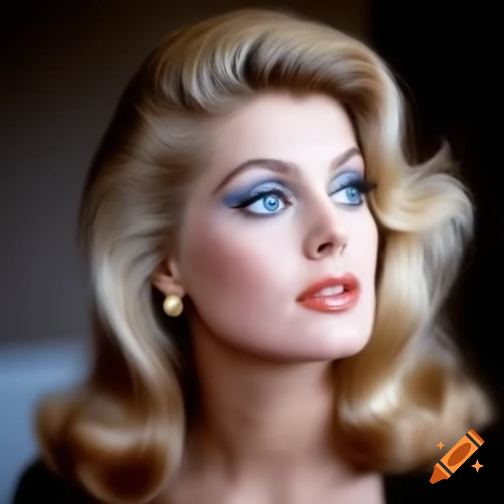 Hyper-realistic photograph of a European actress from 1963 with striking features