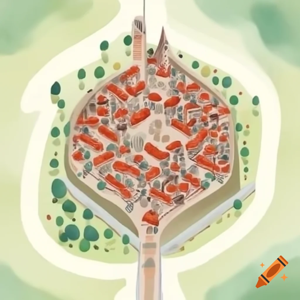 Top-down view map of medieval city featuring central tower