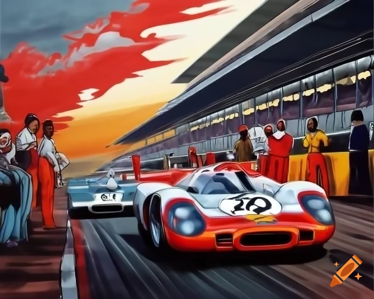 Vintage Indy Grand Prix Porsche 917 and Ford GT40 at finish line with spectators and sunset dust clouds