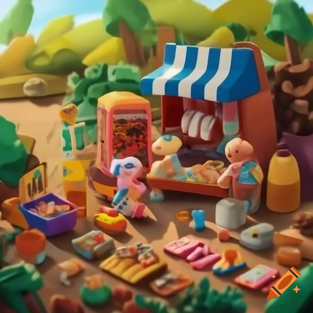 Vibrant toy flea market with various collectibles
