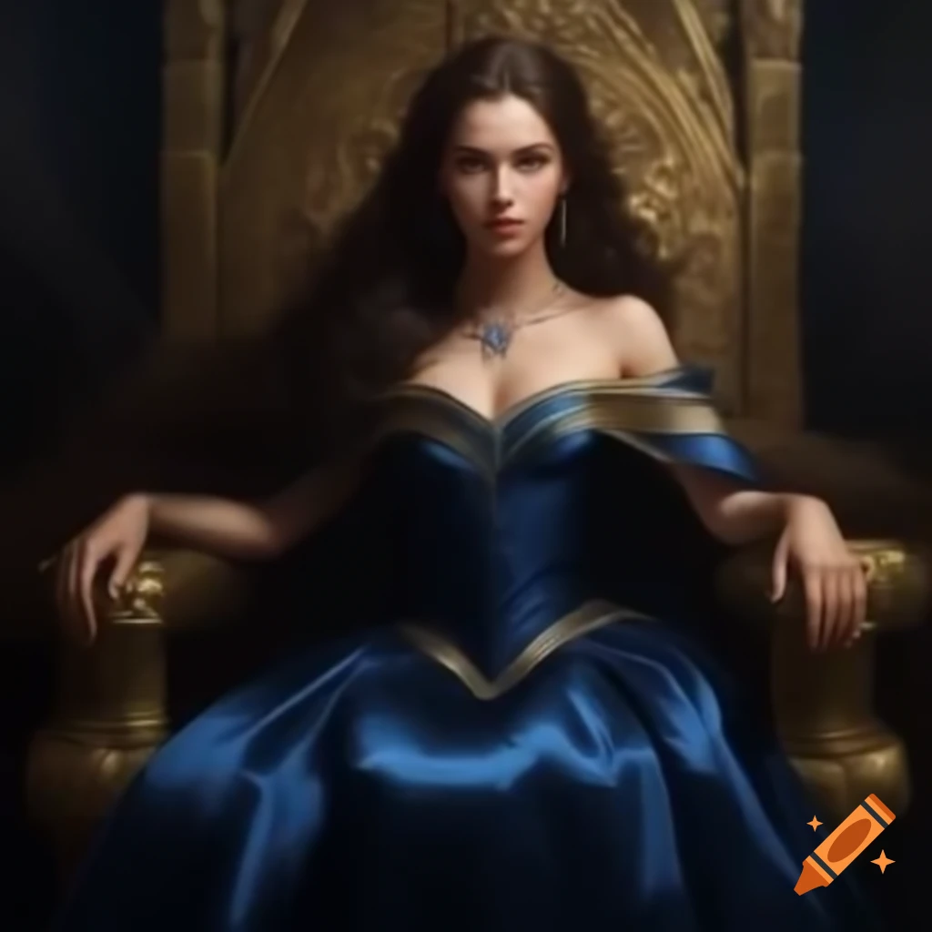 Young empress with brunette hair on golden throne in sapphire silk dress