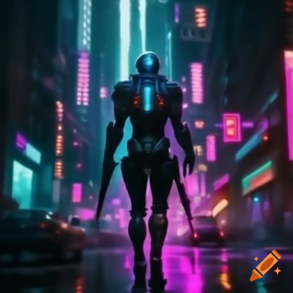 Cyborg warrior walking amid neon urban towers, glowing reflections
