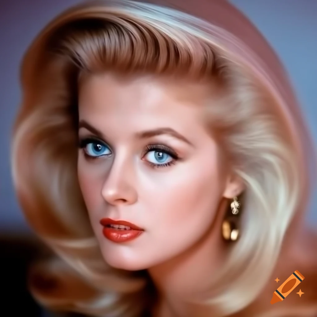 Hyper-realistic photograph of a beautiful European actress from 1963 with porcelain skin and striking blue eyes