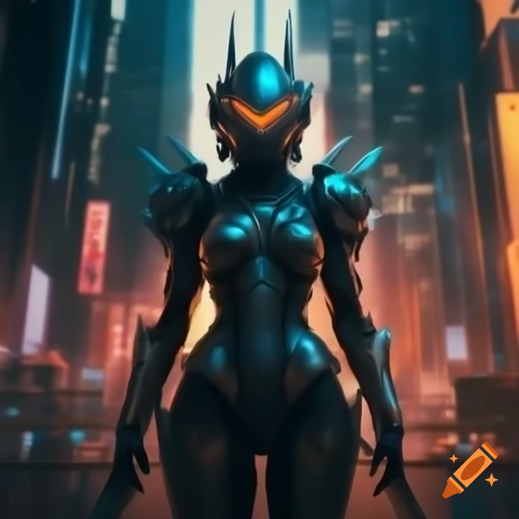 Futuristic warrior in cyborg armor in neon cityscape