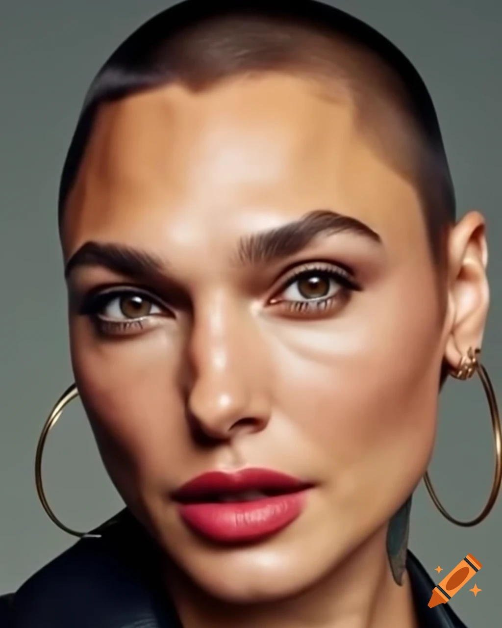 Gal Gadot with shaved haircut, leather choker, hoop earrings, and face tattoos