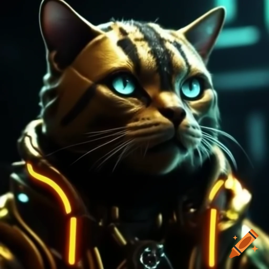 Glowing gold evil cat god in cyberpunk style