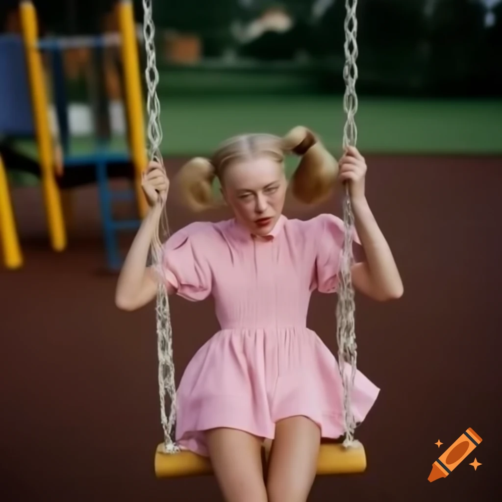Woman in pink dress swinging joyfully on playground, embodying youthful spirit