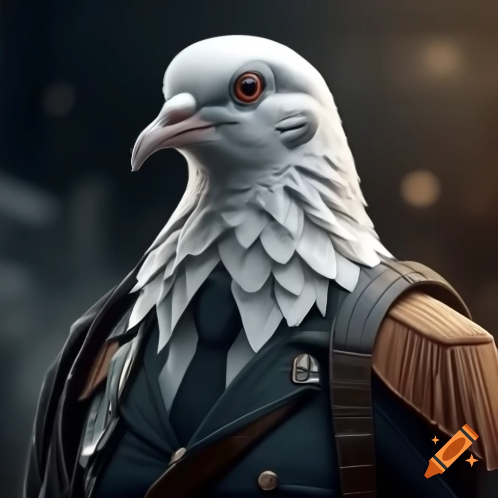 Photorealistic white dove as soldier in uniform