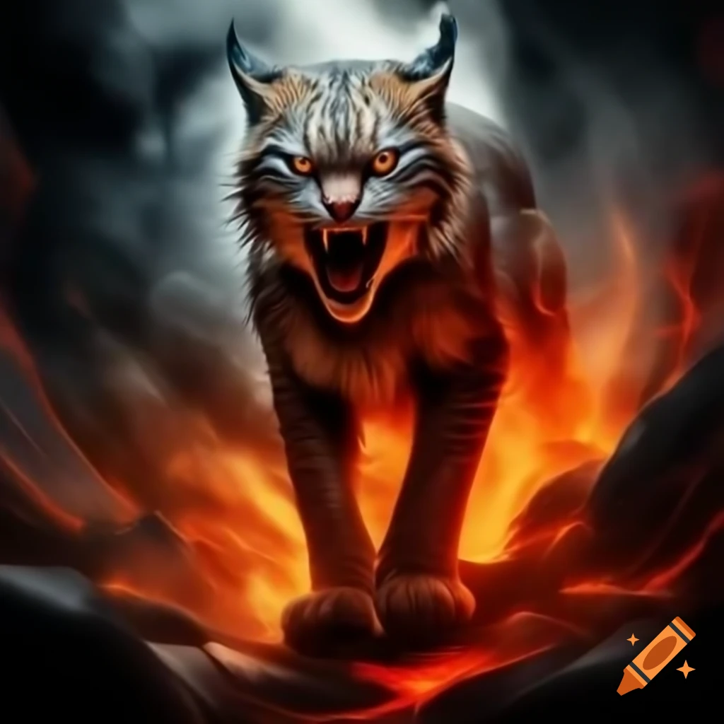 Lynx stepping through hot coals from a vortex of fire and smoke with red predatory gaze