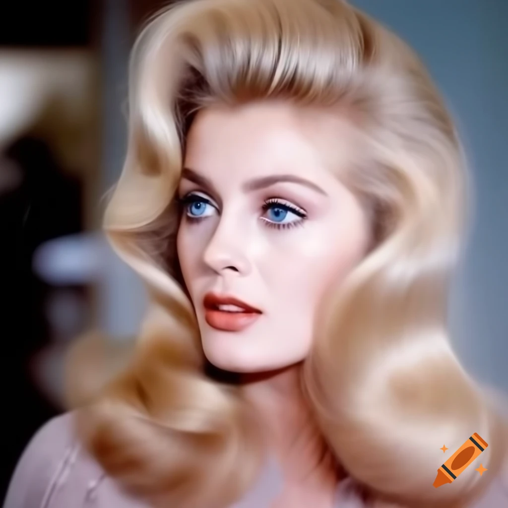 Hyper-realistic portrait of a beautiful European actress from 1963 with porcelain skin and blue eyes