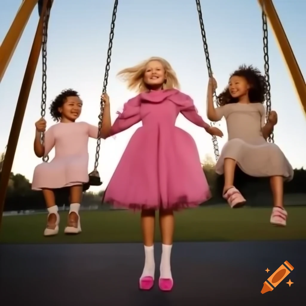Woman in pink dress swinging joyfully in playground with children