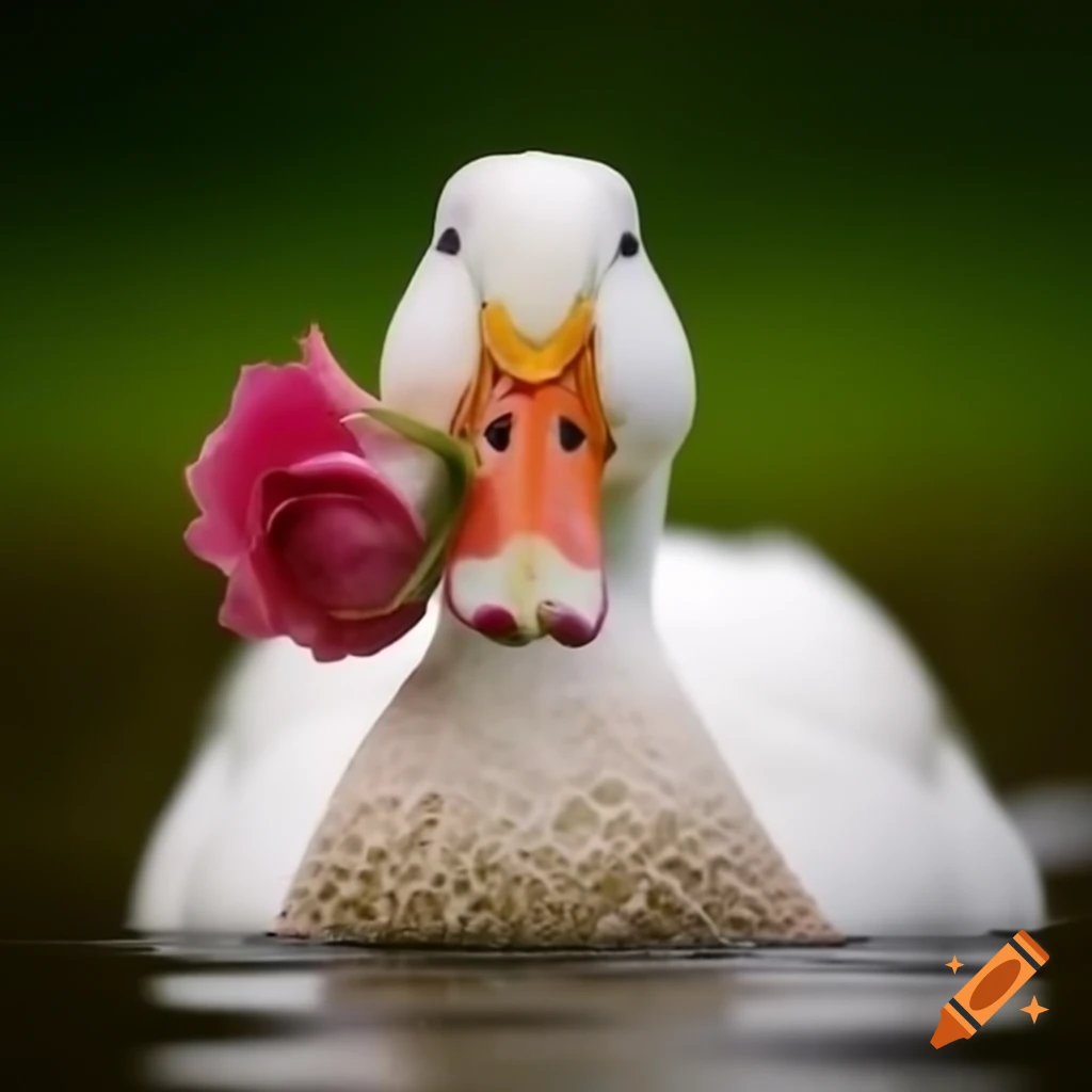 Duck holding a rose in its beak