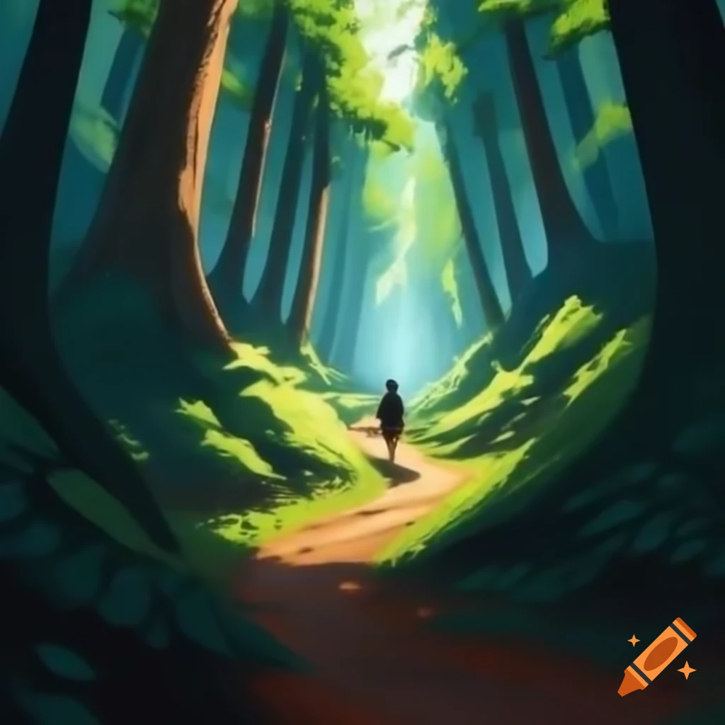 Winding path through enchanting forest with dappled sunlight