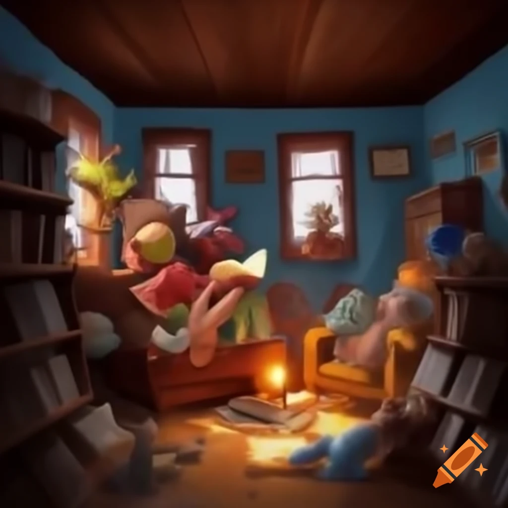 Cozy wooden living room with puppets reading and listening to stories