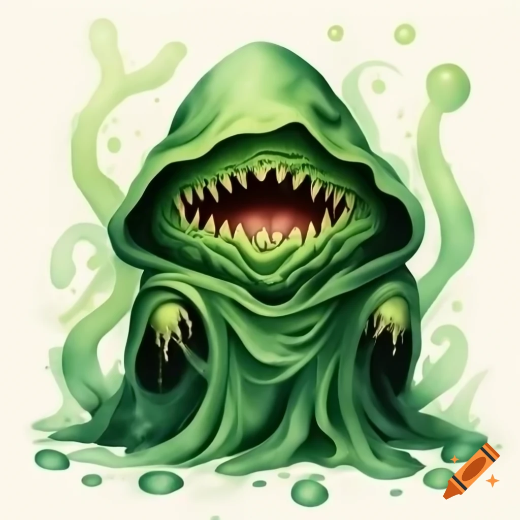 Green hooded Celtic pattern cloak slime creature in full figure