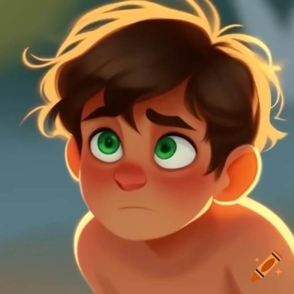 Boy with long brown hair in braid and mint-green eyes, reflecting curiosity and calmness