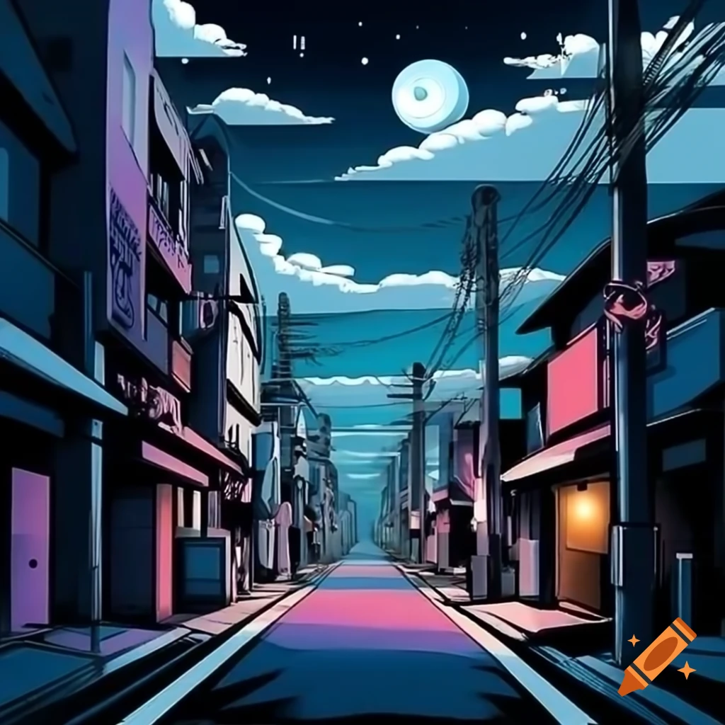 Colorful Tokyo street at night with cloudy sky and moon, phone wallpaper