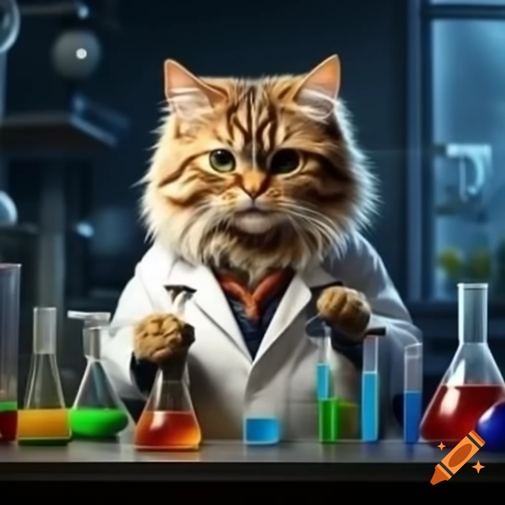 Cat in laboratory coat conducting experiments with test tube in modern lab