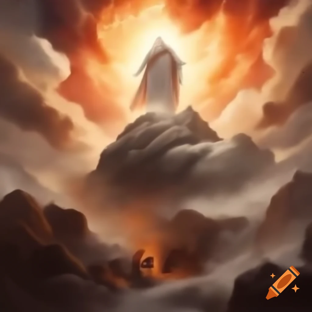 Moses surrounded by swirling clouds of fire and smoke atop Mt. Sinai