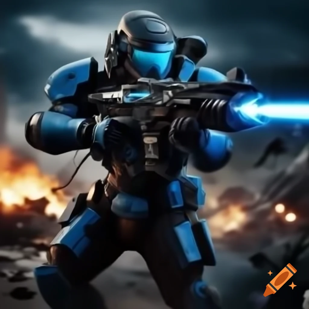 Futuristic soldier in blue and black armor firing laser gun on battlefield