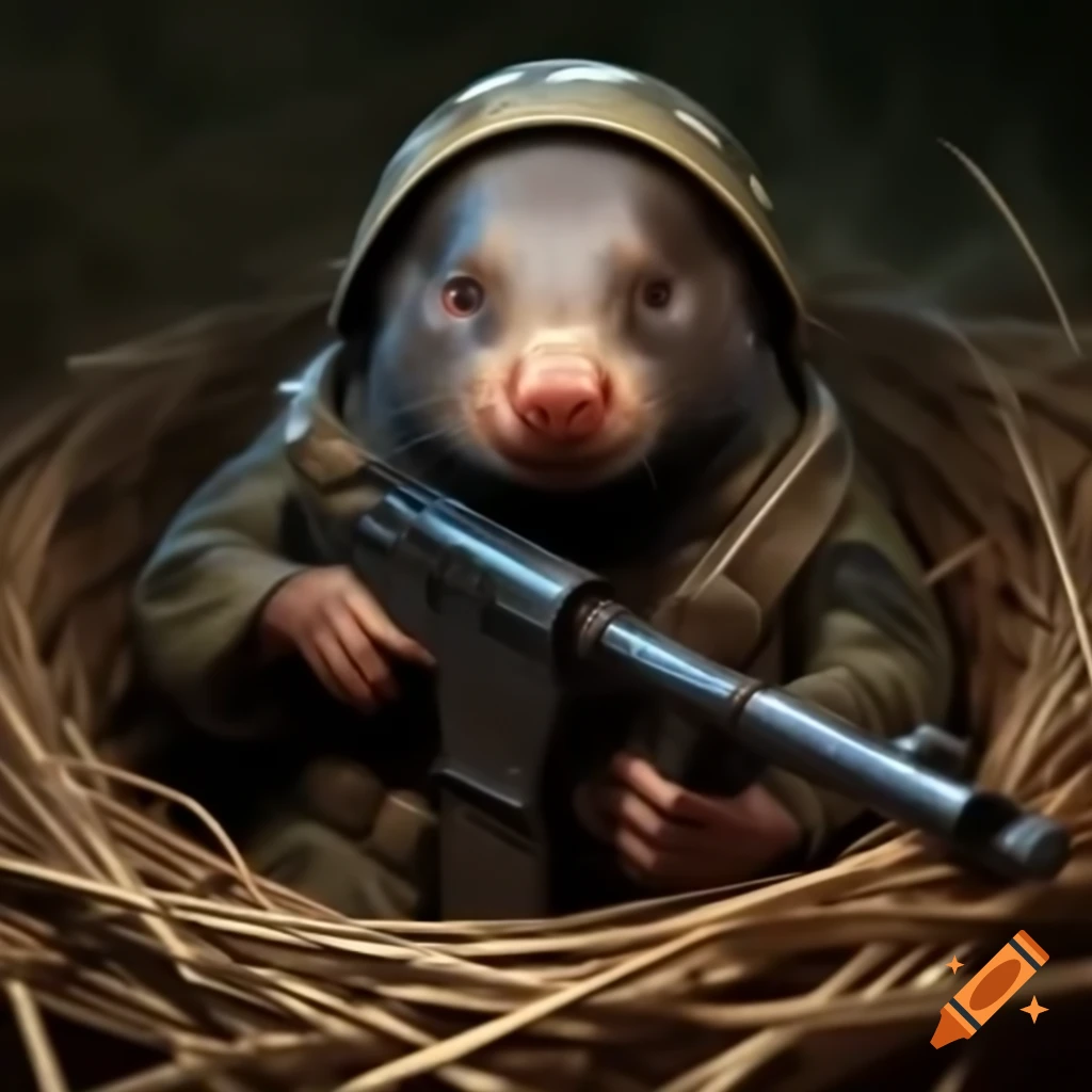 Mole soldier in a machine gun nest, military scene