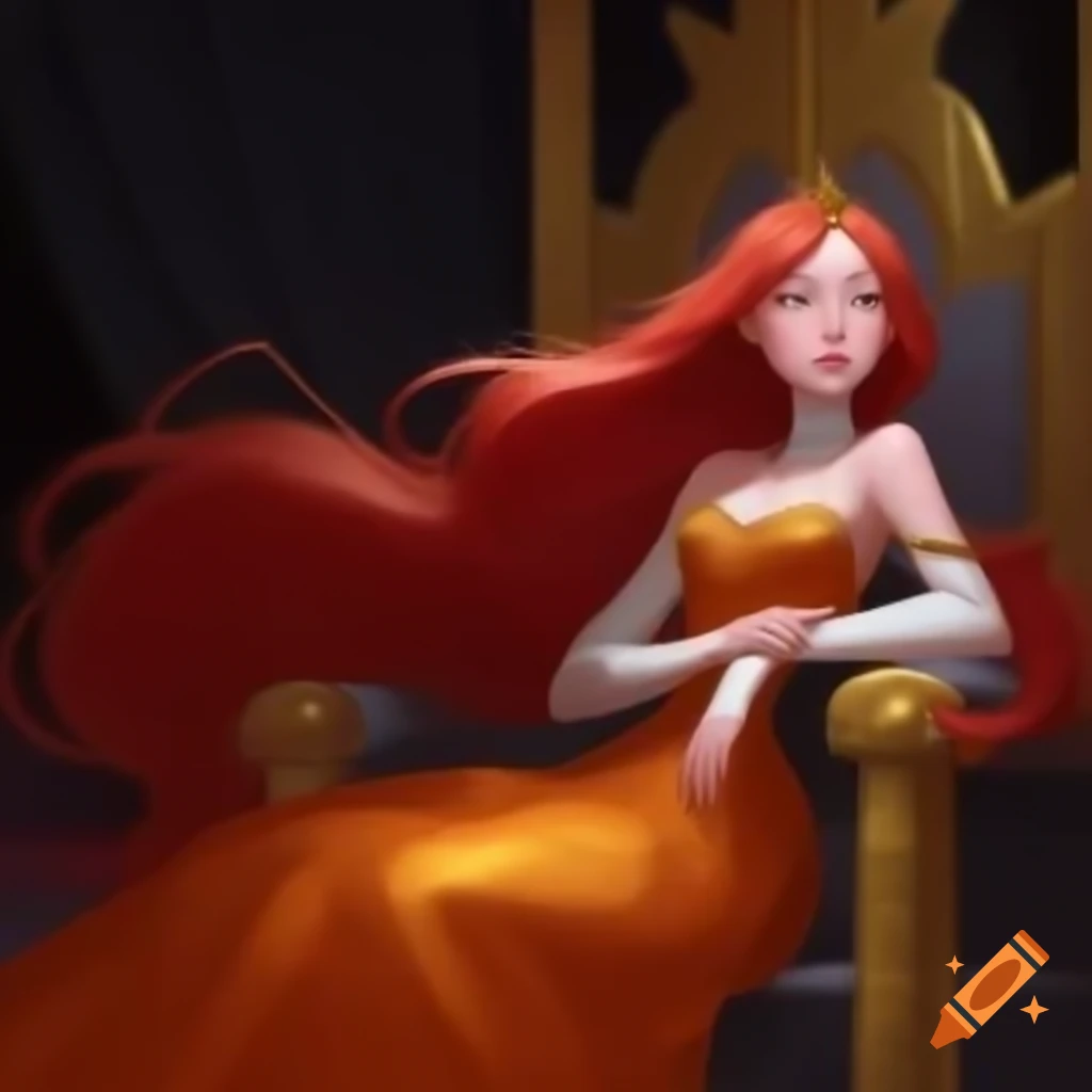 Young empress with red hair in orange and gold dress seated on golden throne