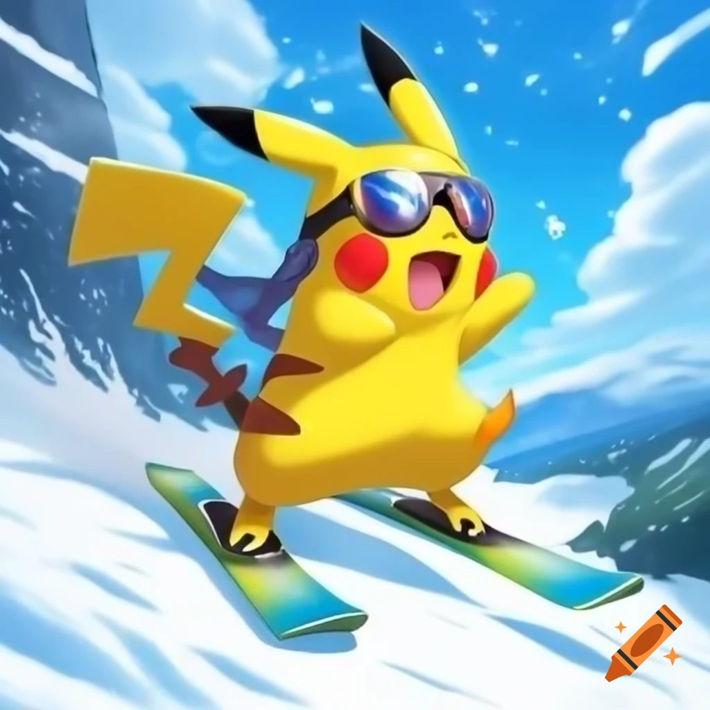 Pikachu skiing down snowy mountain slope with determined expression