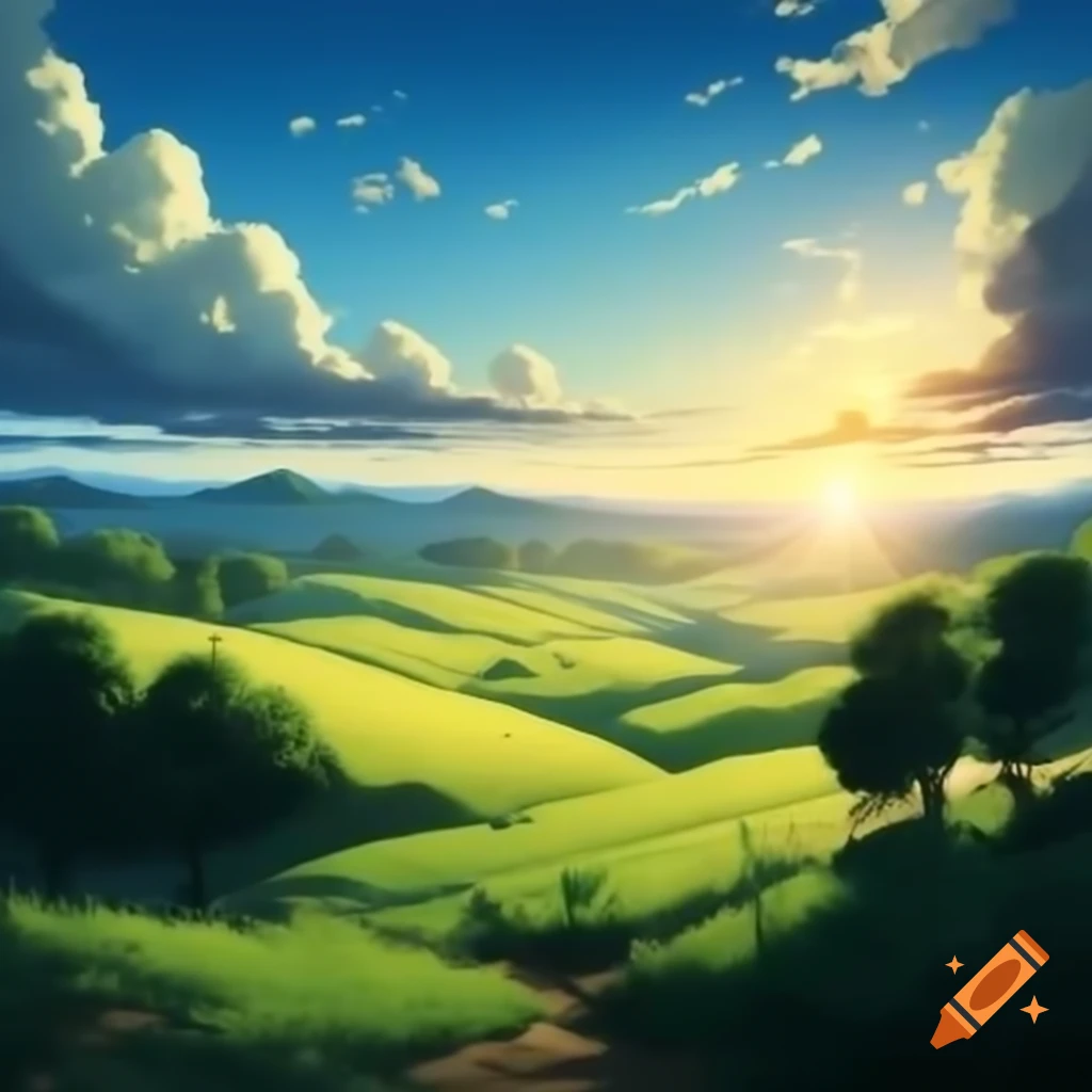 Sunlit green hilly valleys with fields and blue sky