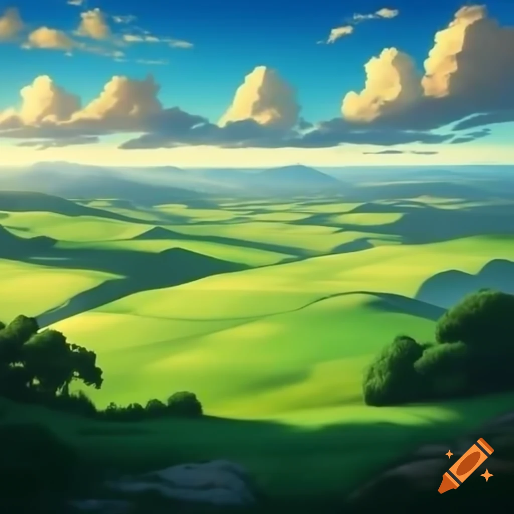 Sunlit green hilly valleys with fields and blue sky