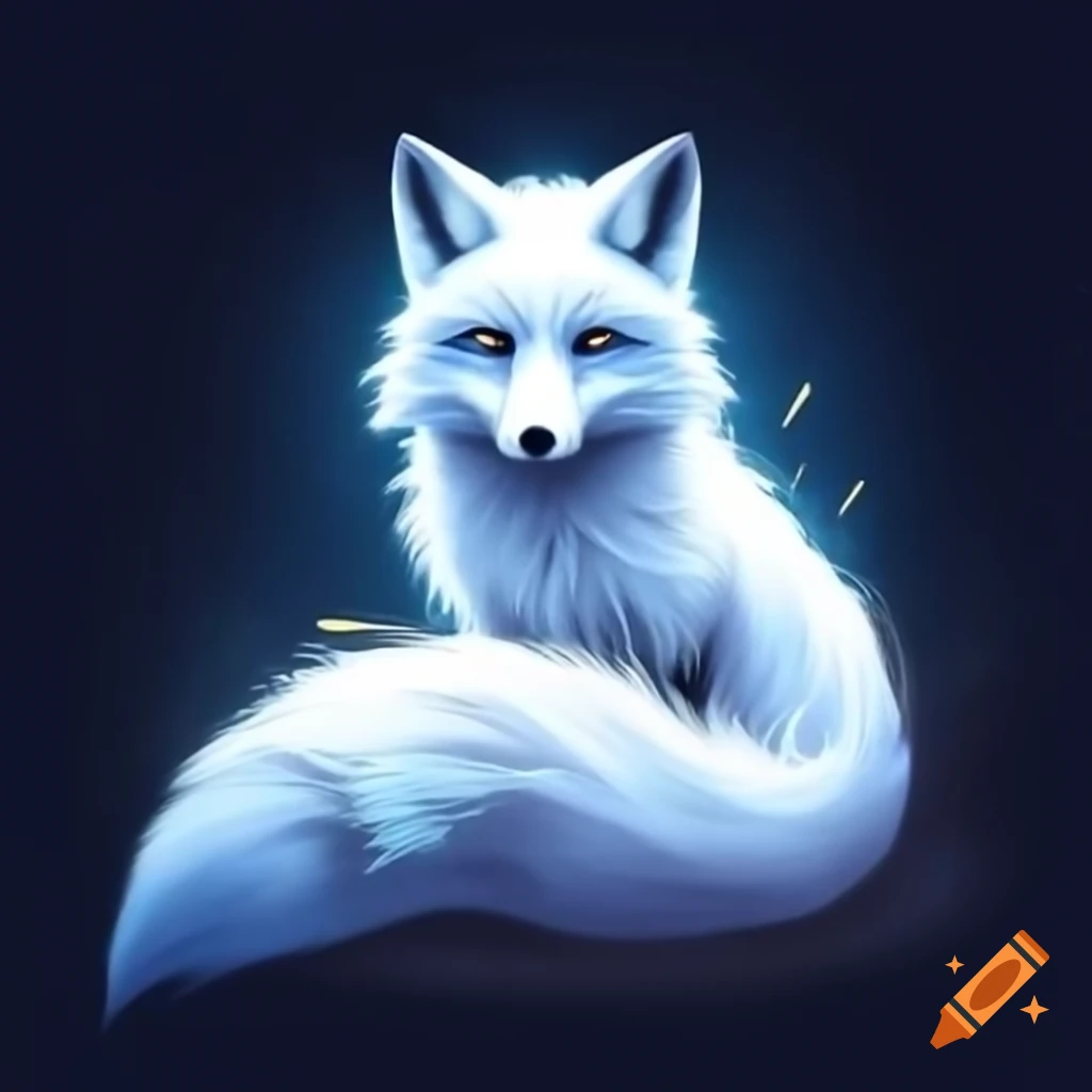 White fox with glowing blue eyes and fluffy tail surrounded by sparks