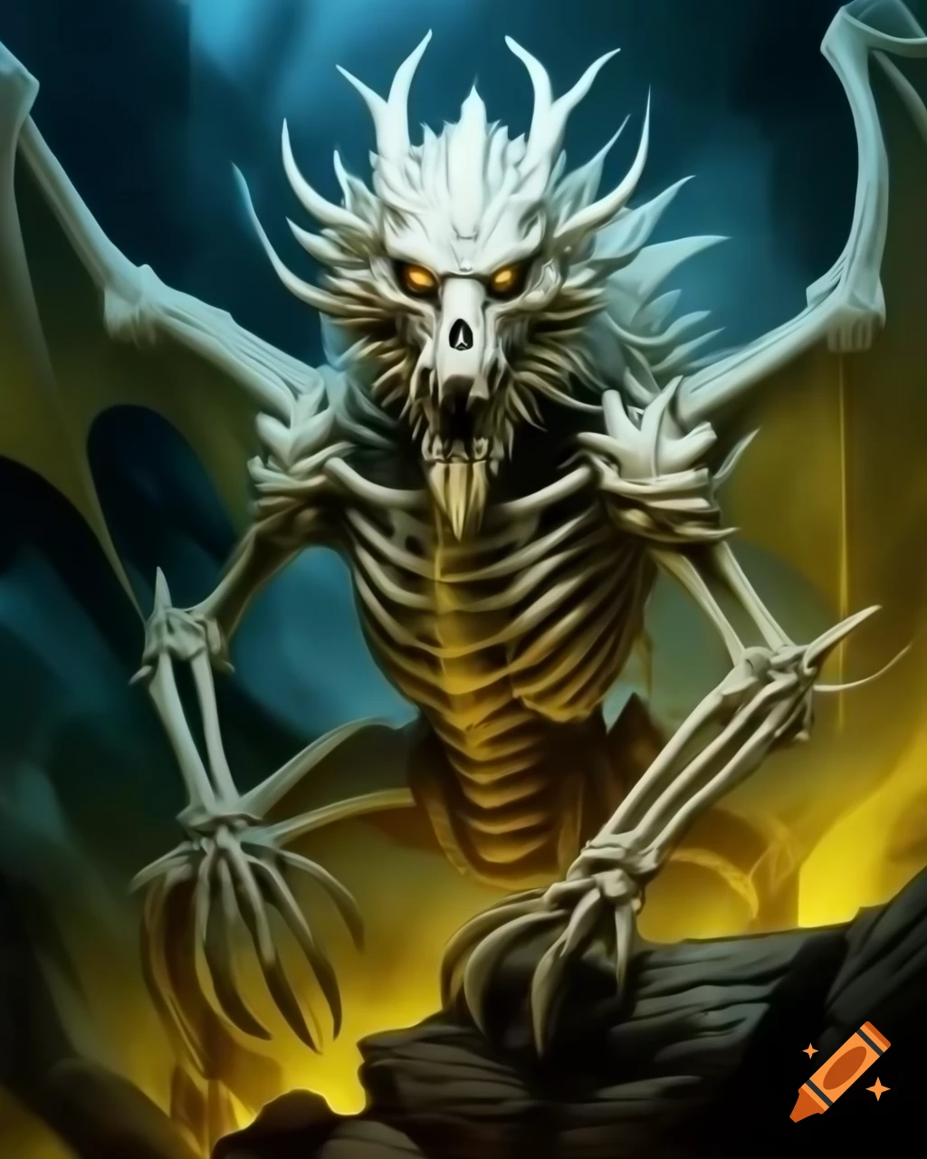Epic fantasy skeleton undead bone dragon with yellow eyes in battle