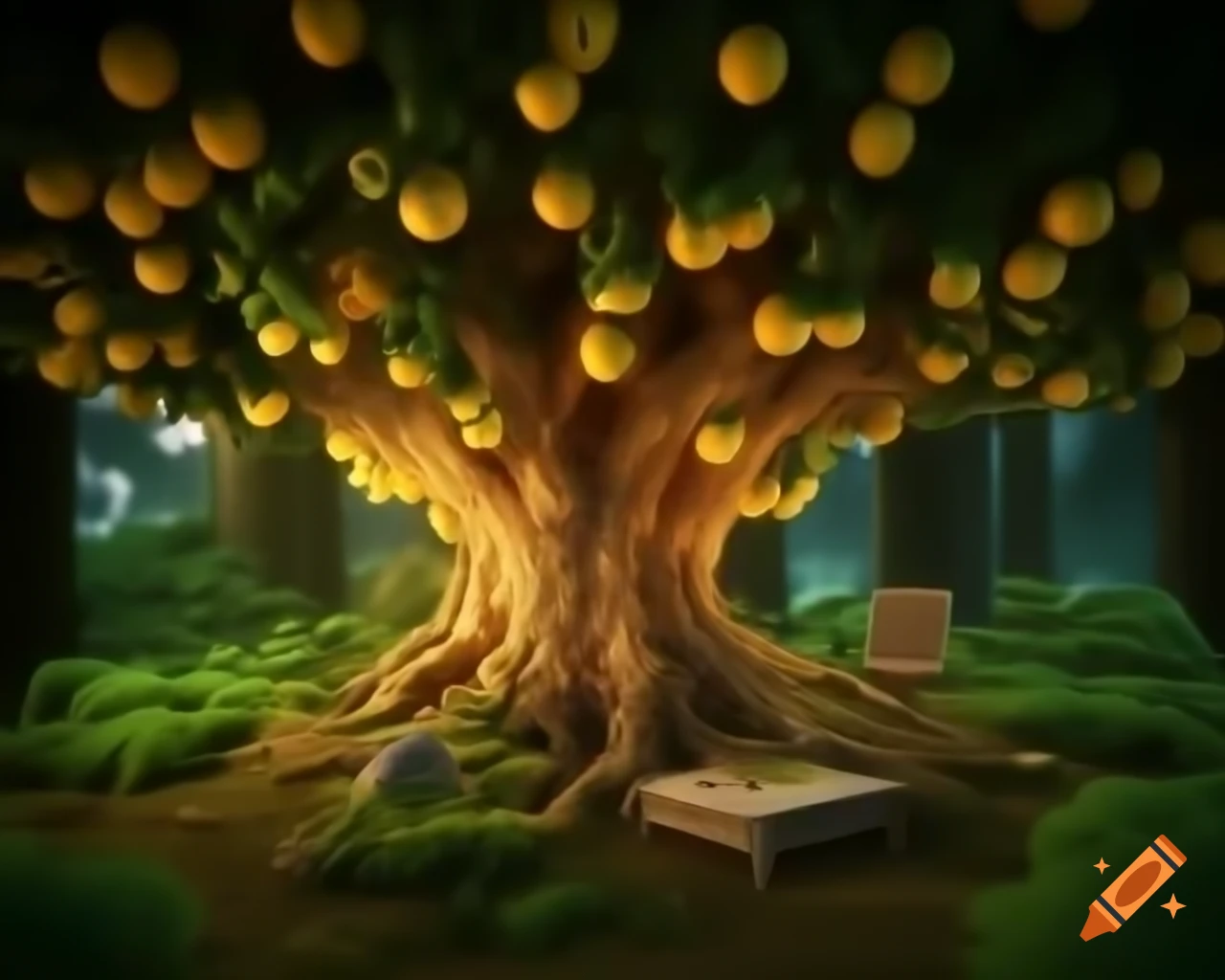 Surreal digital art of a lemon tree monster in warm hues and green