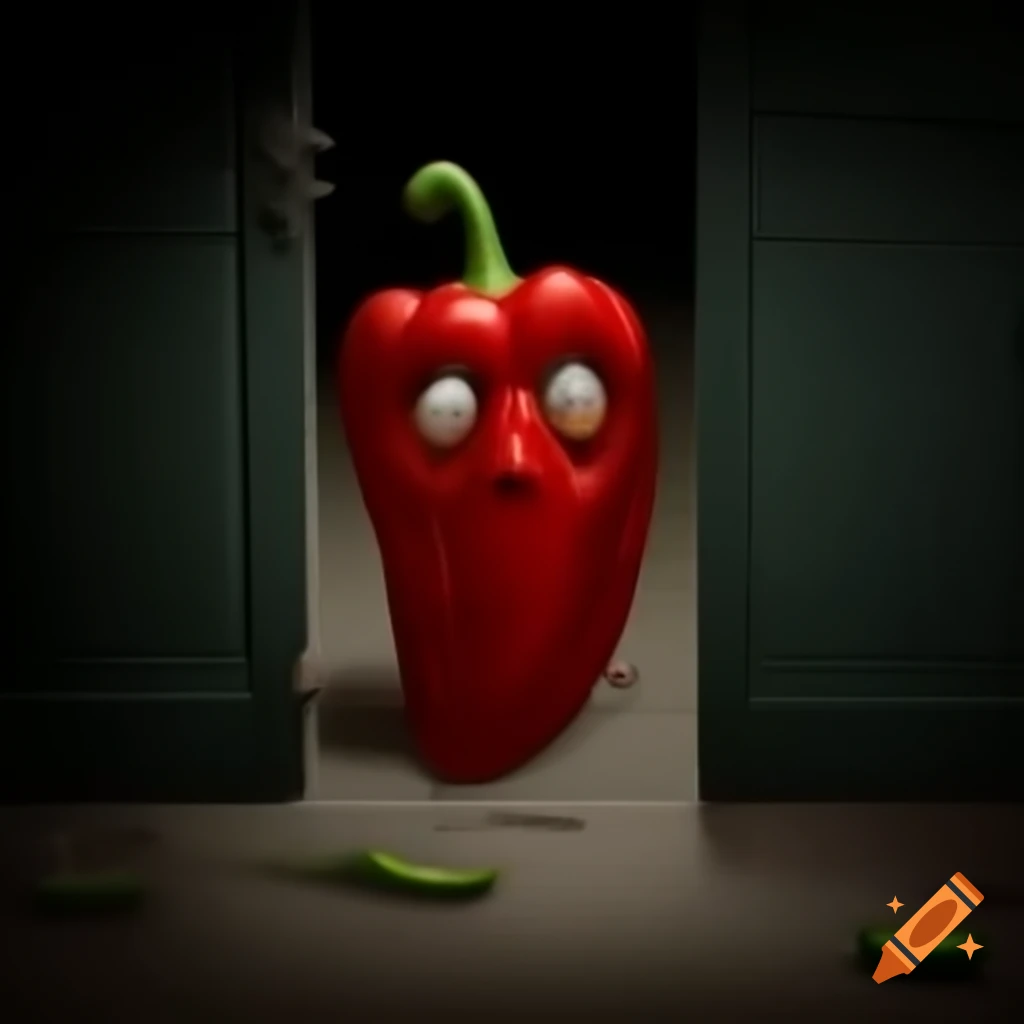 Close-up of red pepper in horror setting, partially hidden behind door