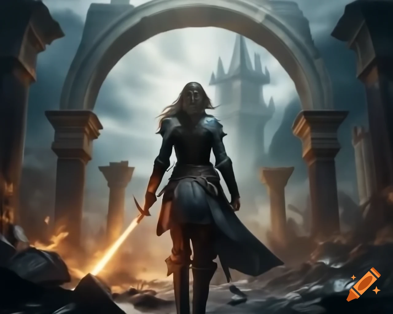 Adventurer in leather doublet entering Alexandria's Ancient Library through archway