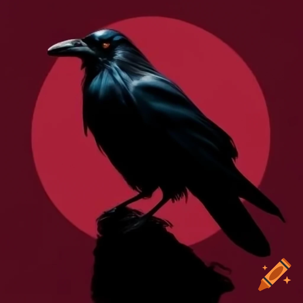 Raven silhouette against maroon background