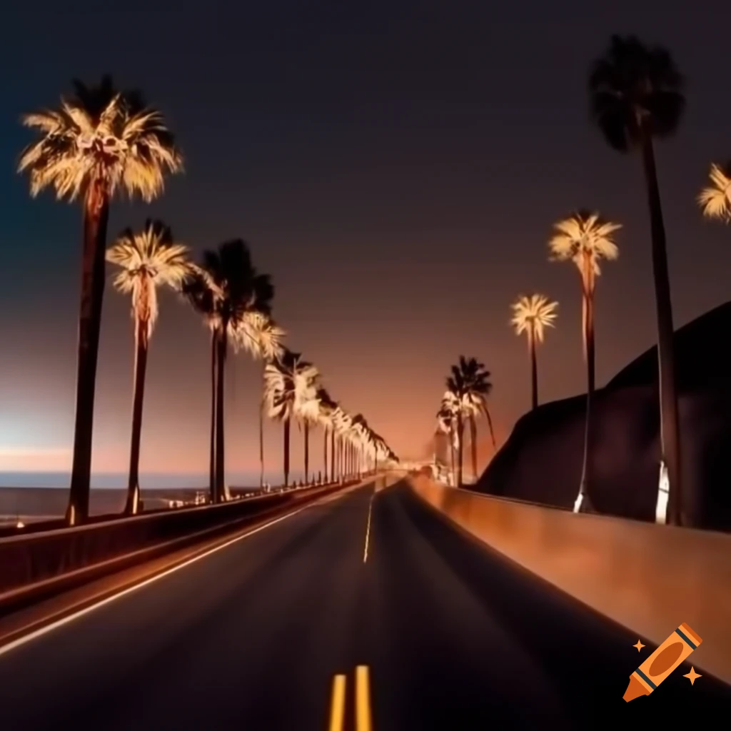 Dreamy view of California ocean highway with palm trees and distorted lights