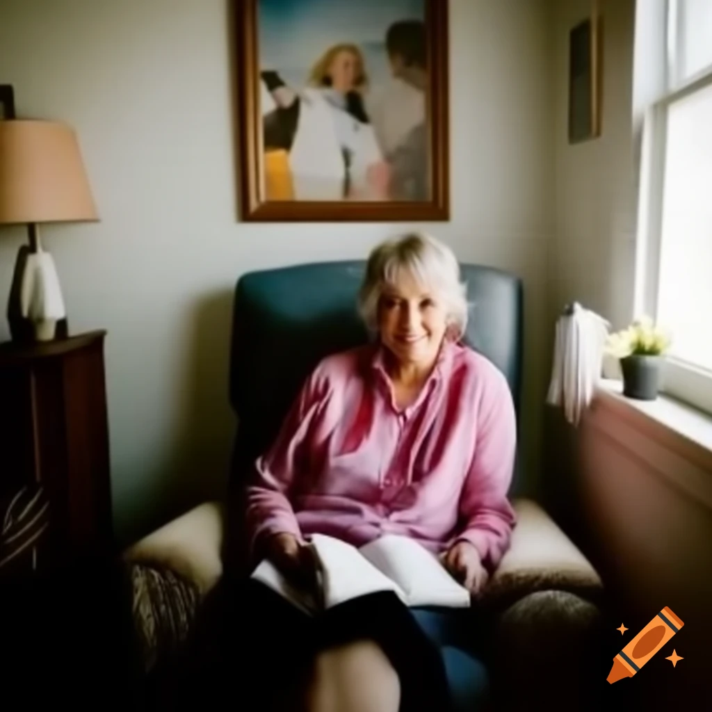 Friendly woman smiling in cozy room with journal and family photos