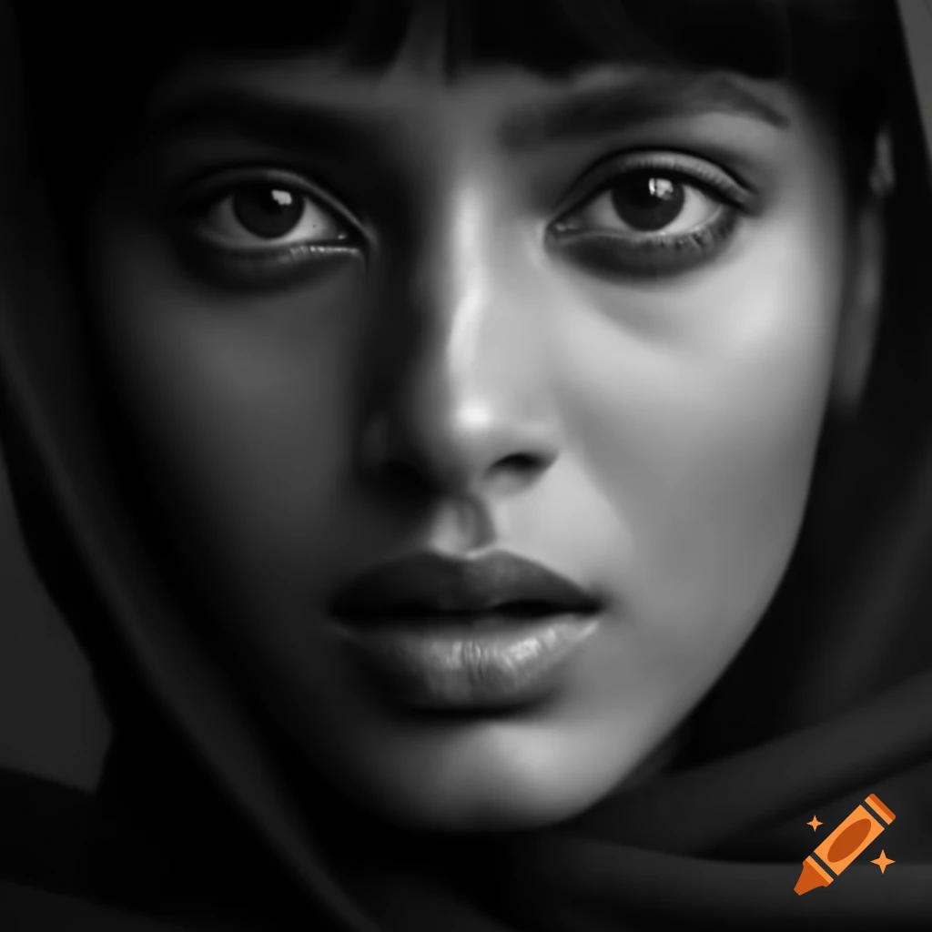 Hyper-realistic black and white portrait of a beautiful Bollywood actress