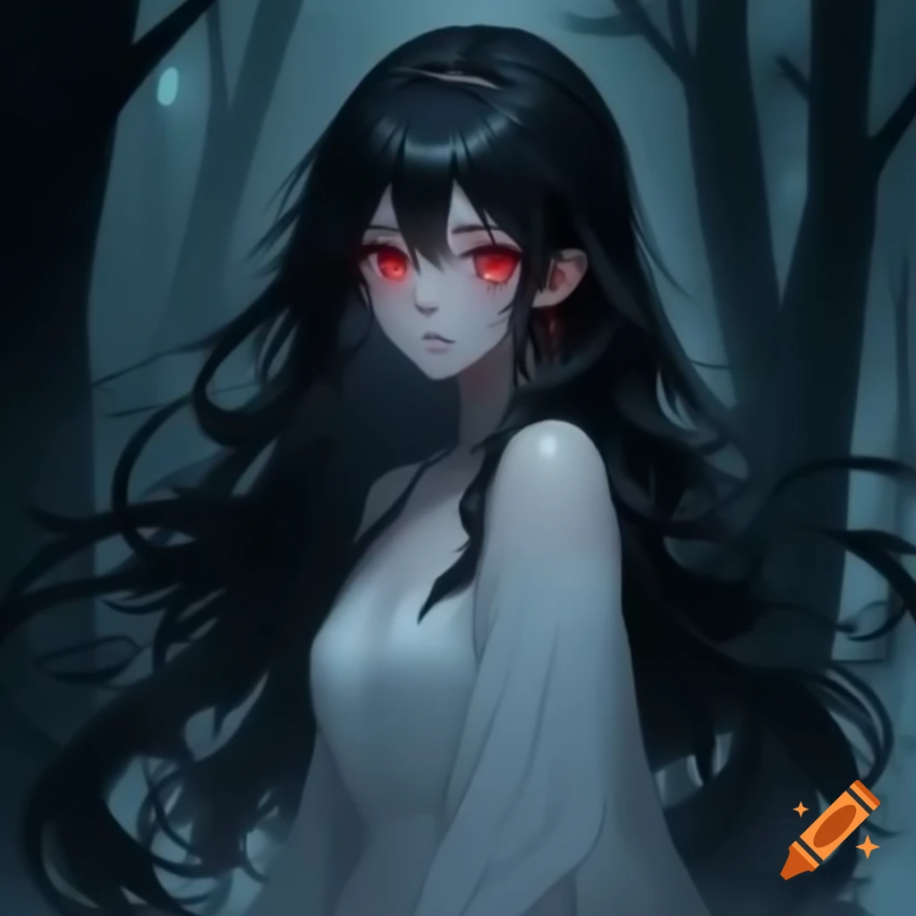 Anime ghost woman with long black hair and red eyes in white dress amidst dark rainy forest