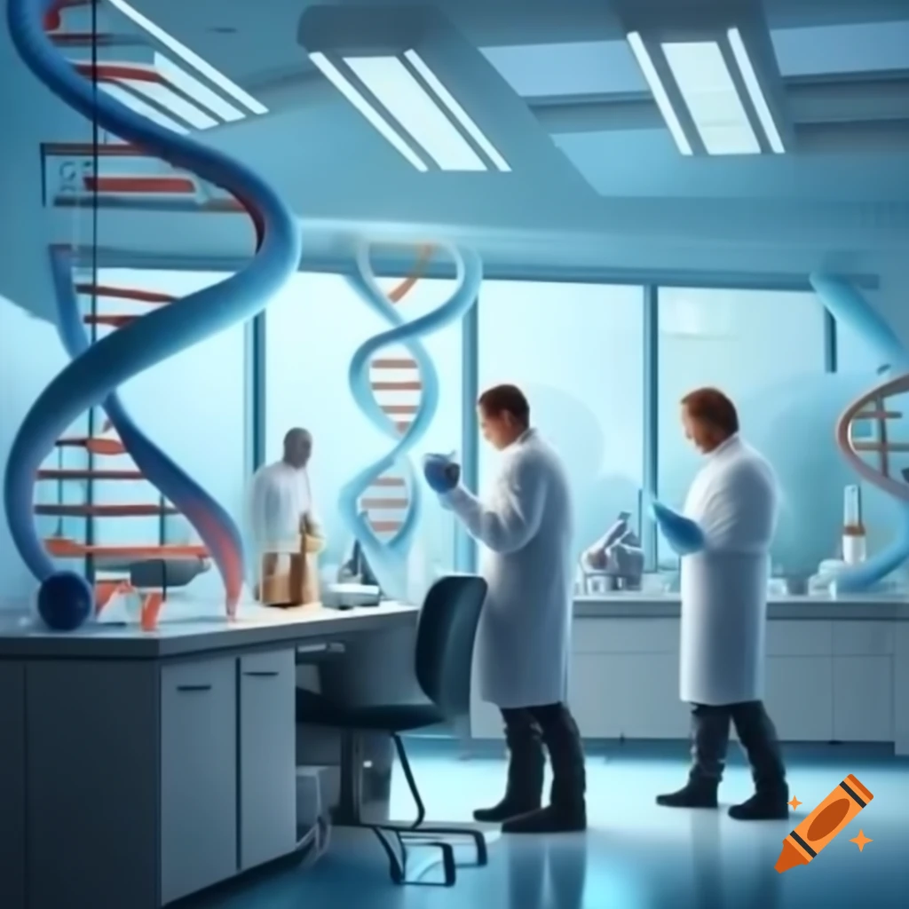 Researchers in ultra modern laboratory with DNA double helix and chromosomes