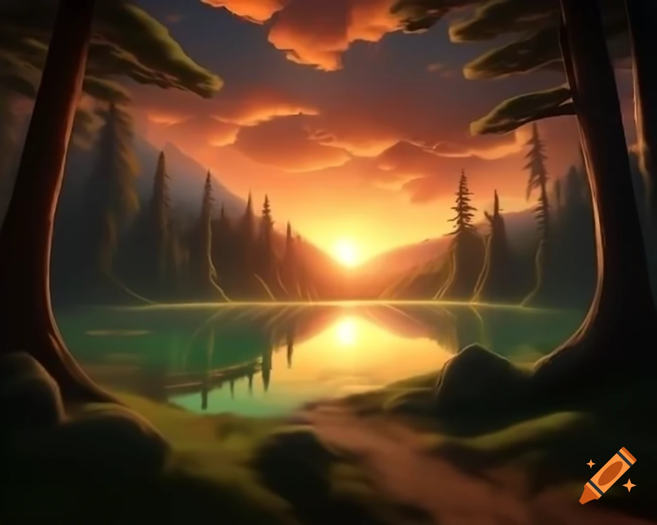 Surreal fantasy scene with orange monster in forest by lake at sunset