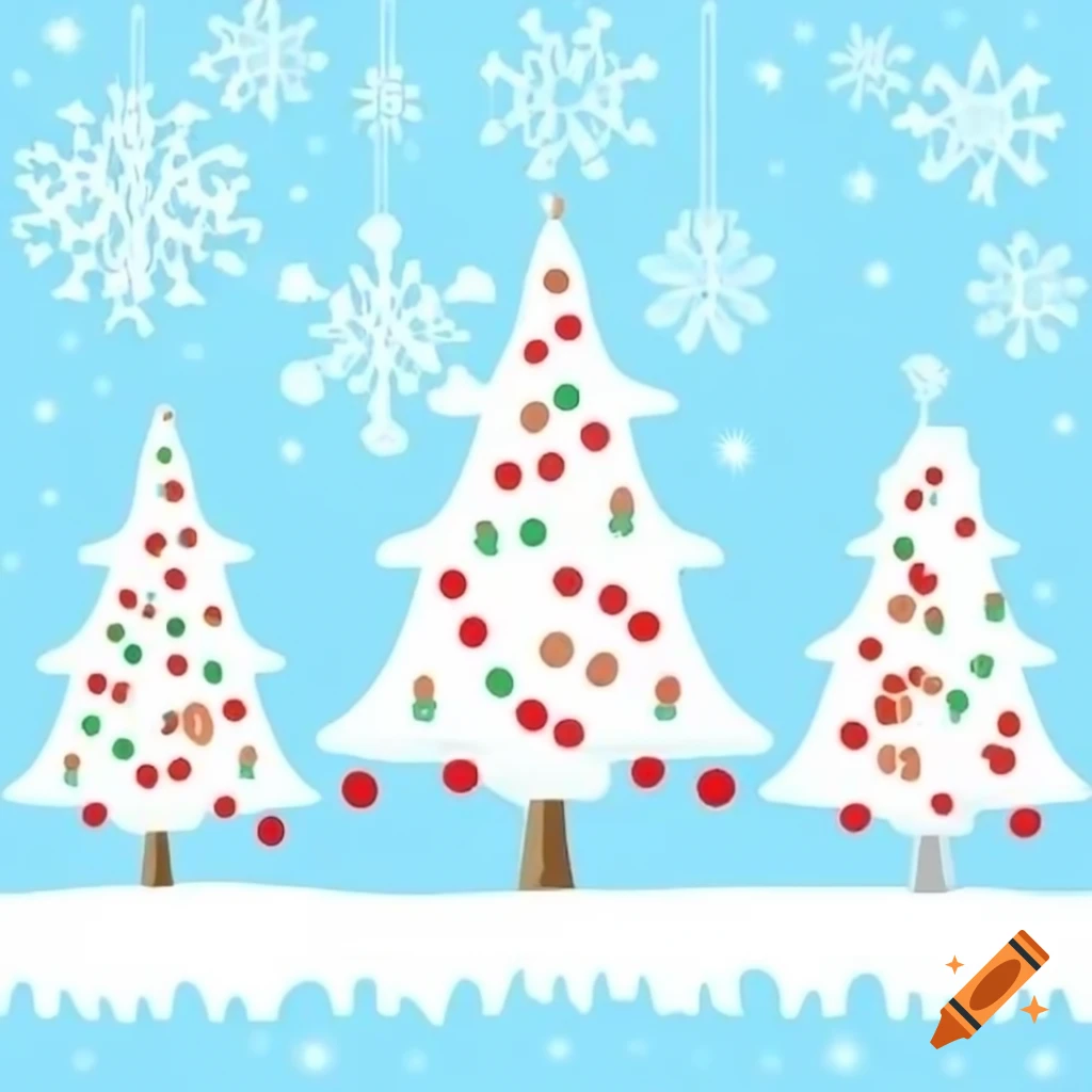 Christmas scene with trees, snowflakes, ornaments, and gifts