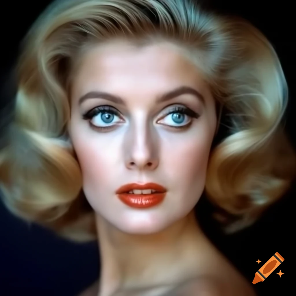 Hyper-realistic photograph of a beautiful European actress from 1963 with porcelain skin and wavy golden hair