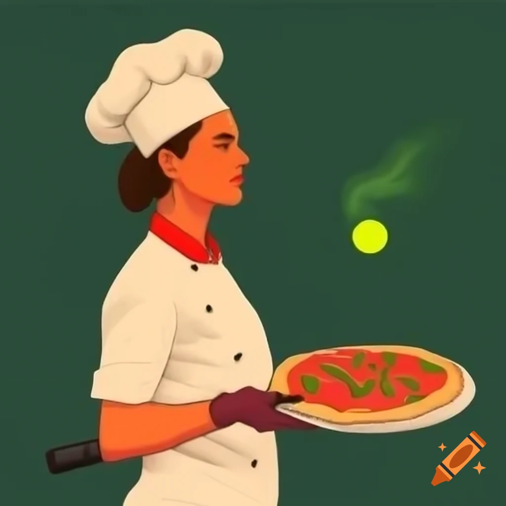 One line Drawing Of Female Chef Serving Chicago Deep Dish Pizza On 