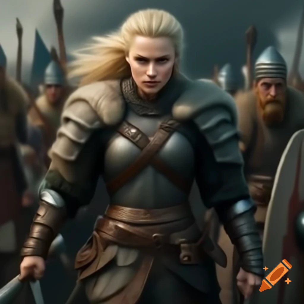 Blonde Viking warrior in armor wielding axe with confident stance