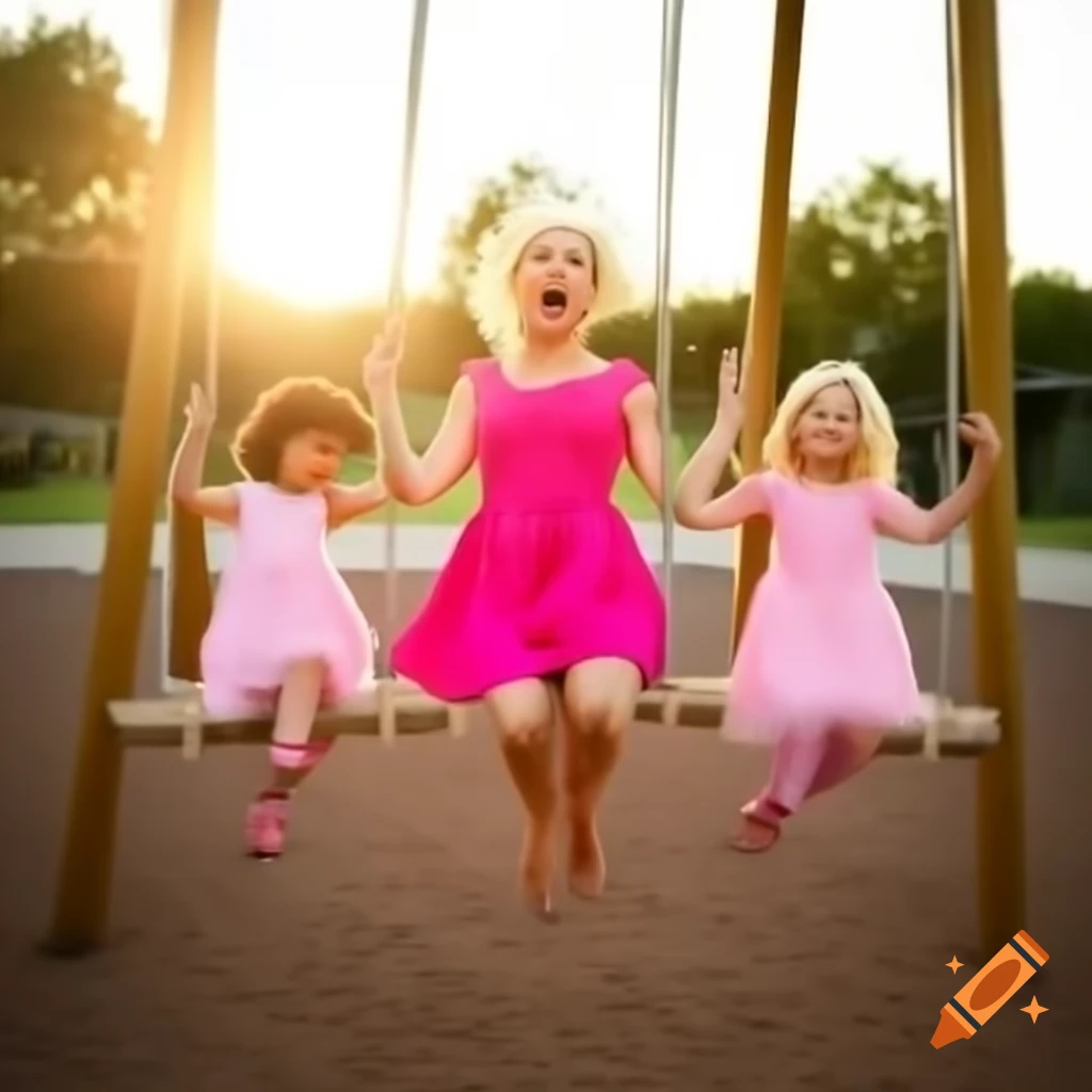Carefree woman in pink dress swinging joyfully in a playground with children