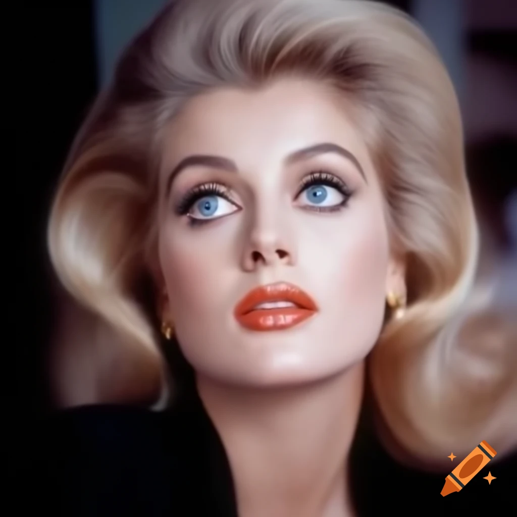 Hyper-realistic photograph of a beautiful European actress from 1963 with porcelain skin and wavy golden hair