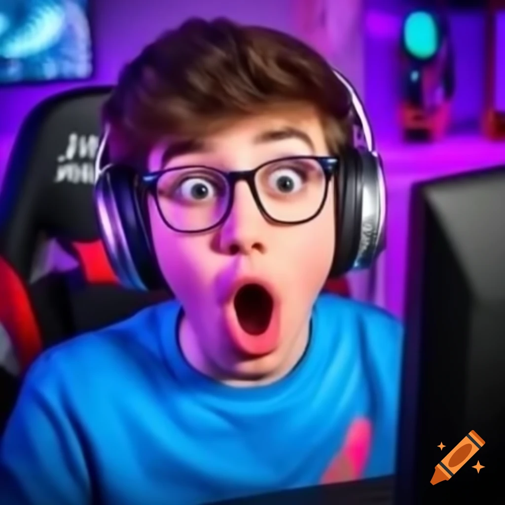 Young Twitch streamer with shocked expression, glasses, and overbite