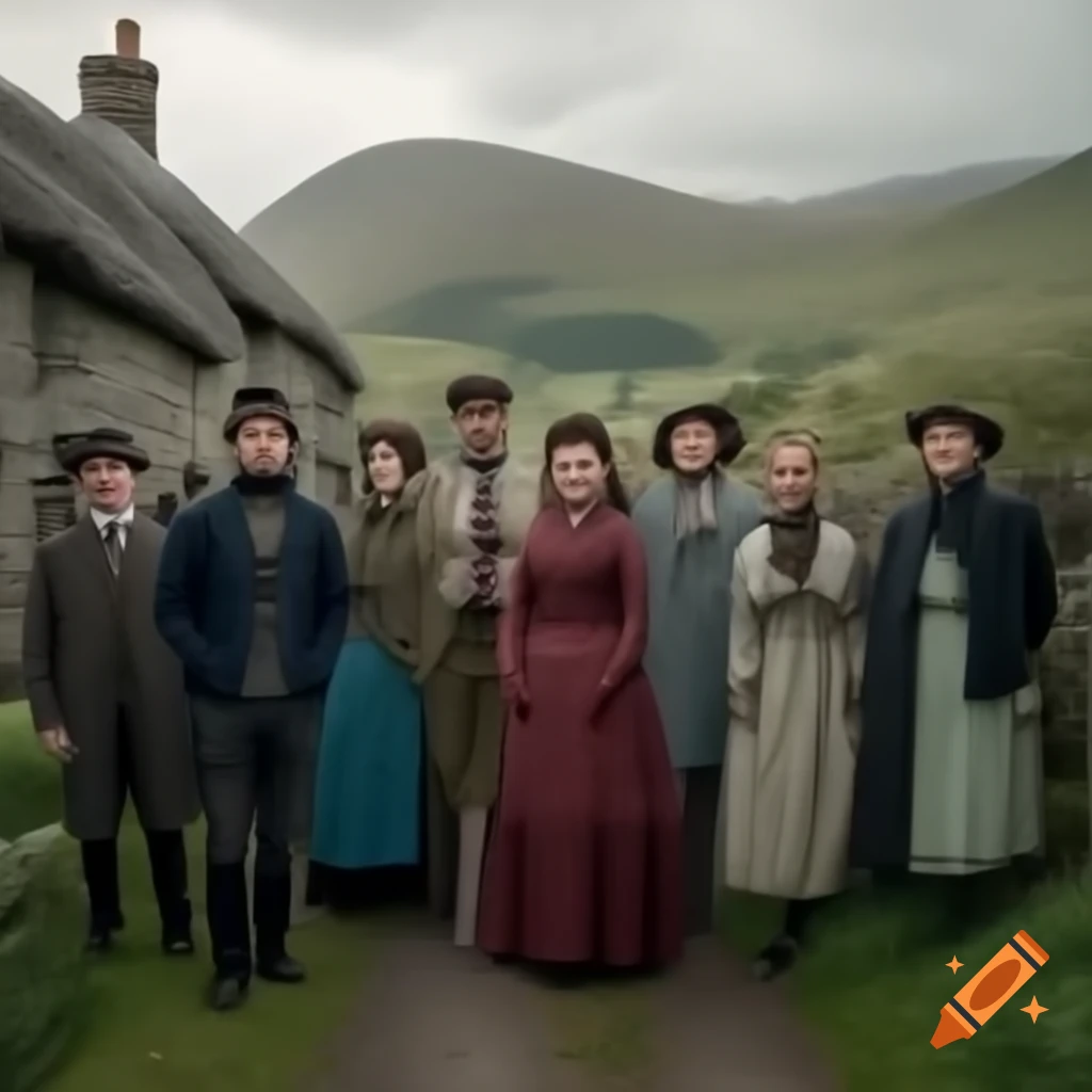 Group of scared people in a cottage from the 1800s
