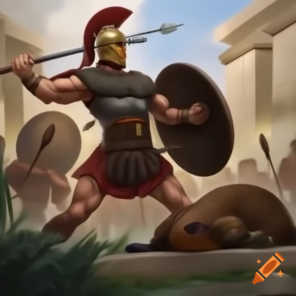 Trojan warrior in battle with a duck and a beaver